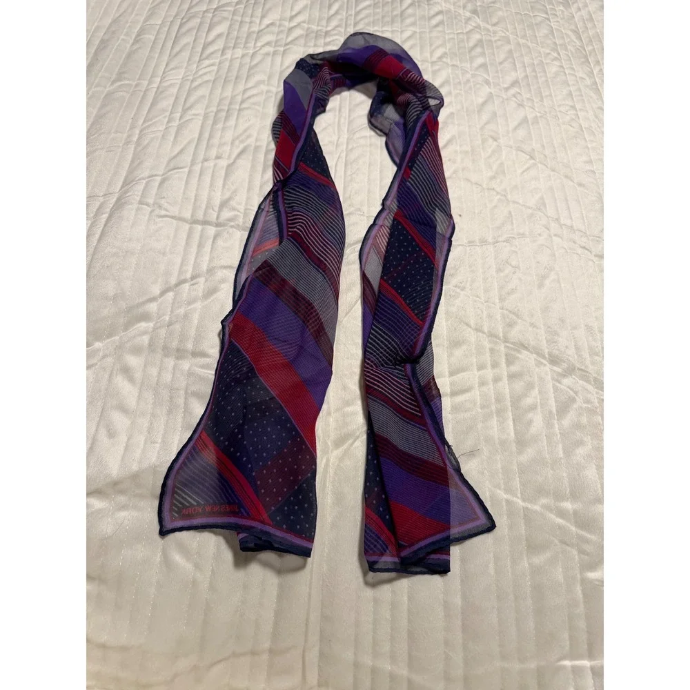 Jones New York Scarf Purple Red Navy Blue Striped Polka Dot Sheer Oblong Scarf